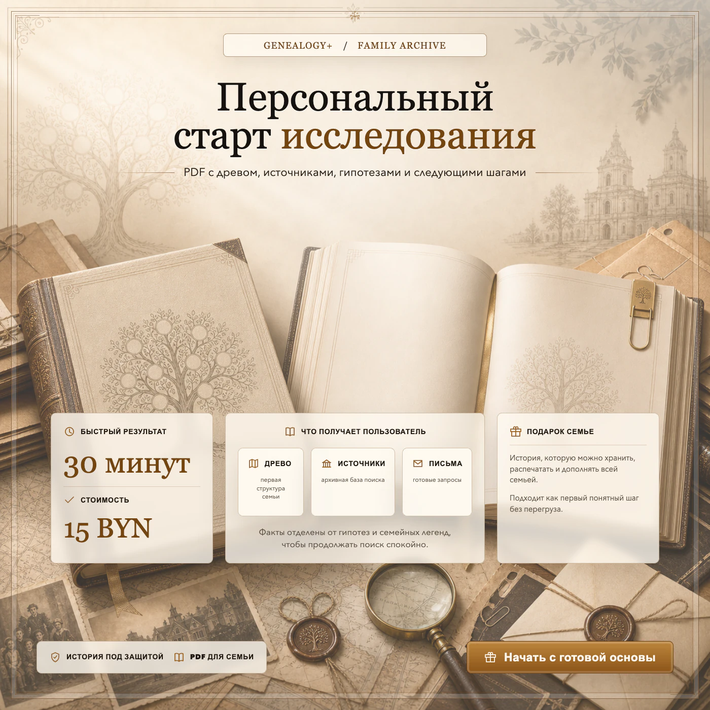 Персональный PDF Genealogia.by с древом, источниками и следующими шагами
